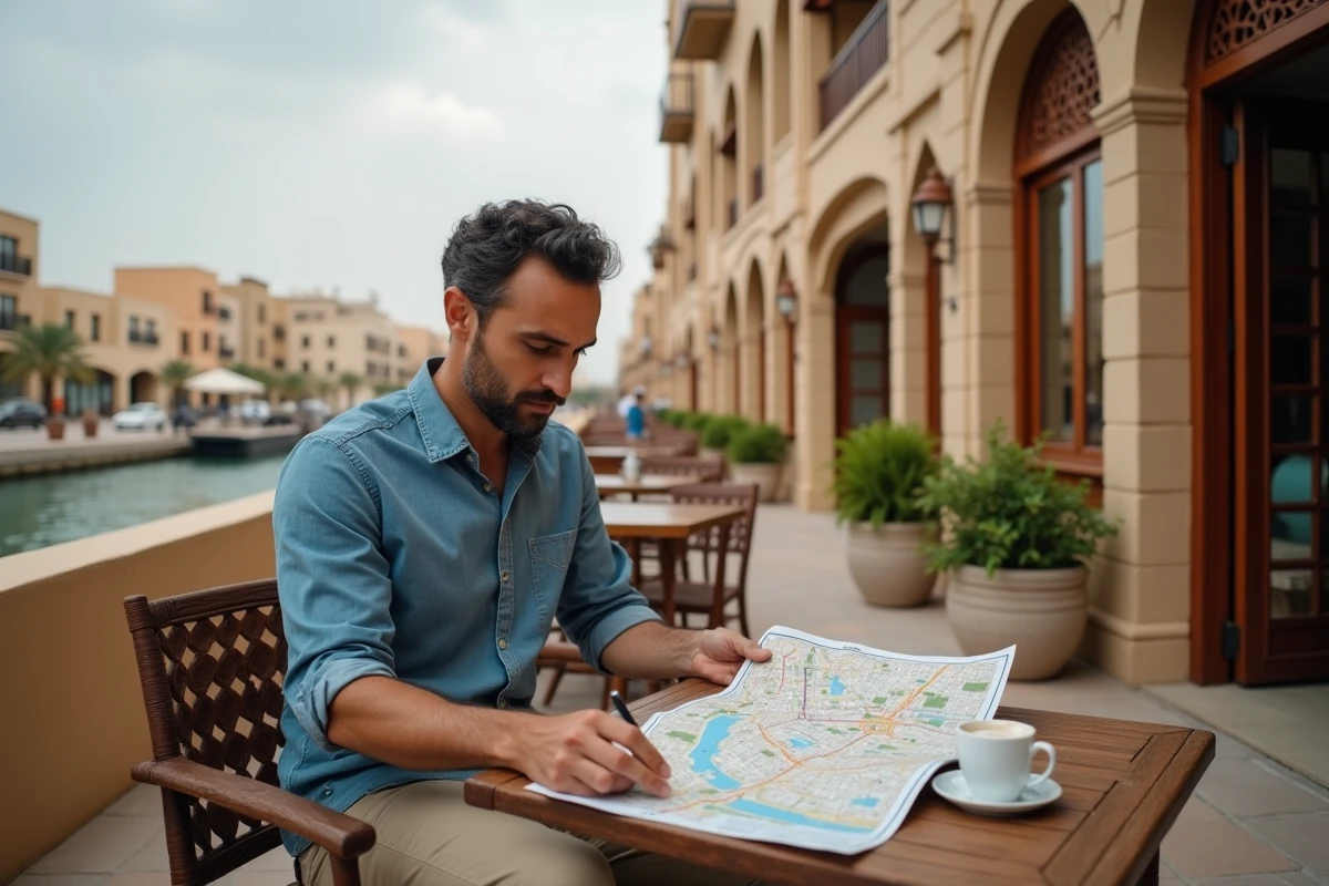 Homme consultant une carte des quartiers de Dubaï en terrasse d'un café dans le quartier historique Al Seef près de Dubai Creek