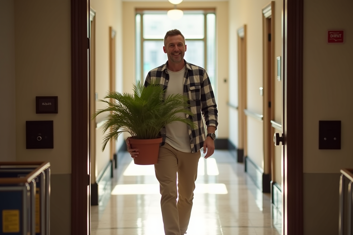 Homme avec plante dans un hall d