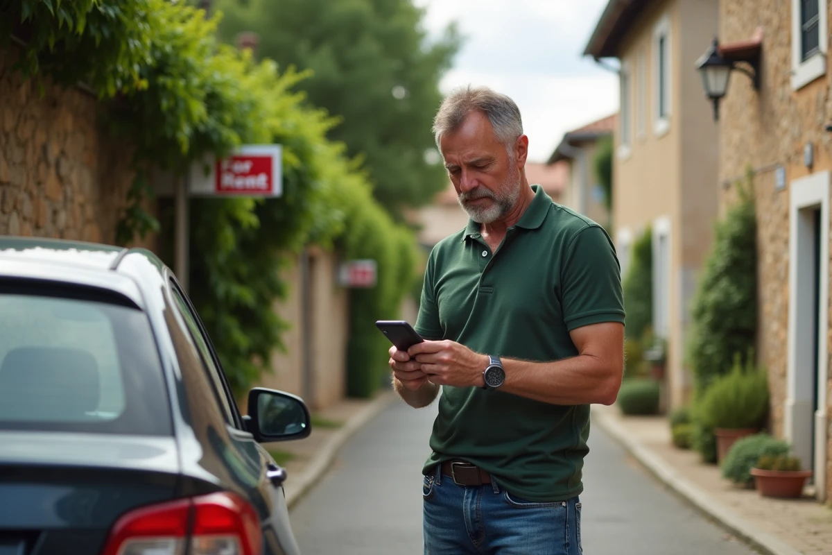 Homme regardant son smartphone devant une maison de village