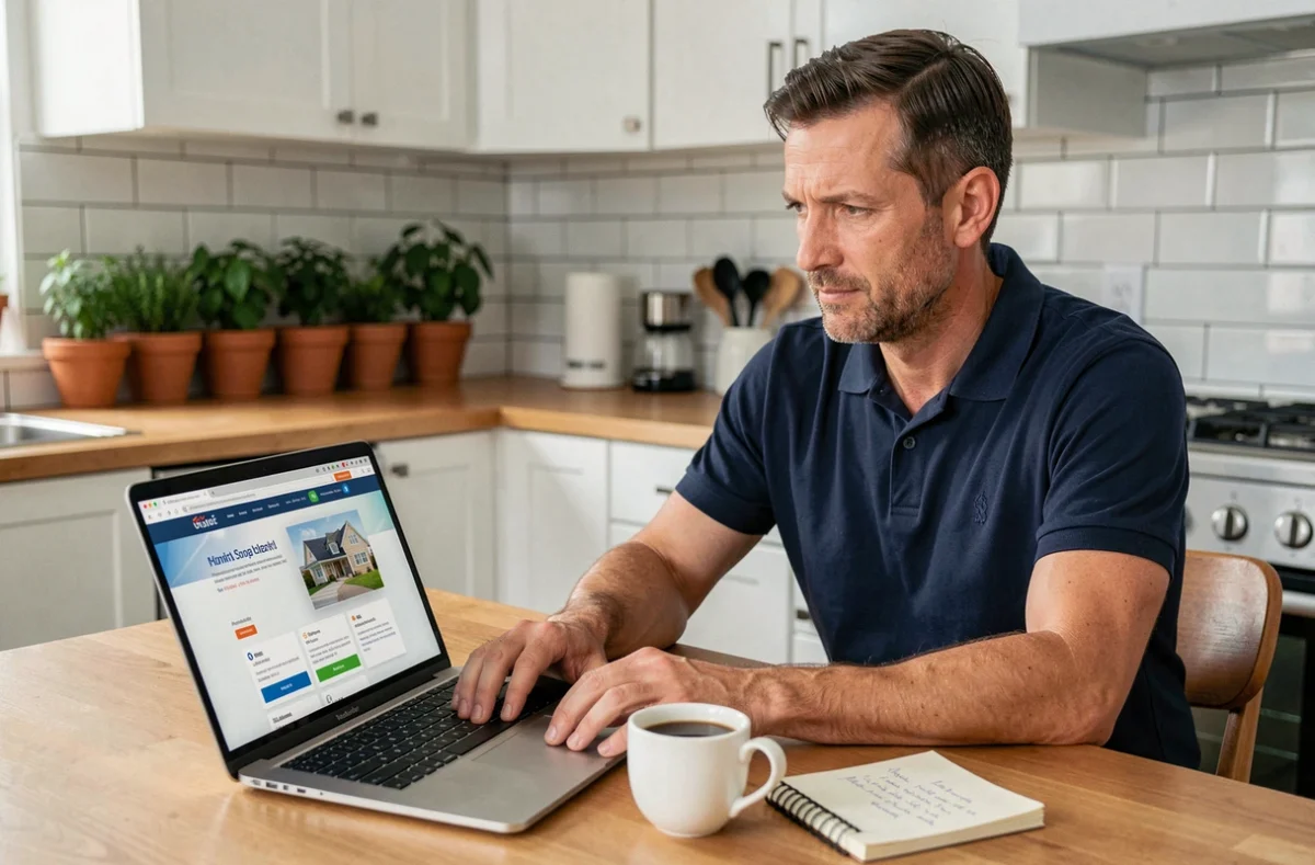 Homme comparant des offres d'assurance habitation sur ordinateur dans une cuisine moderne