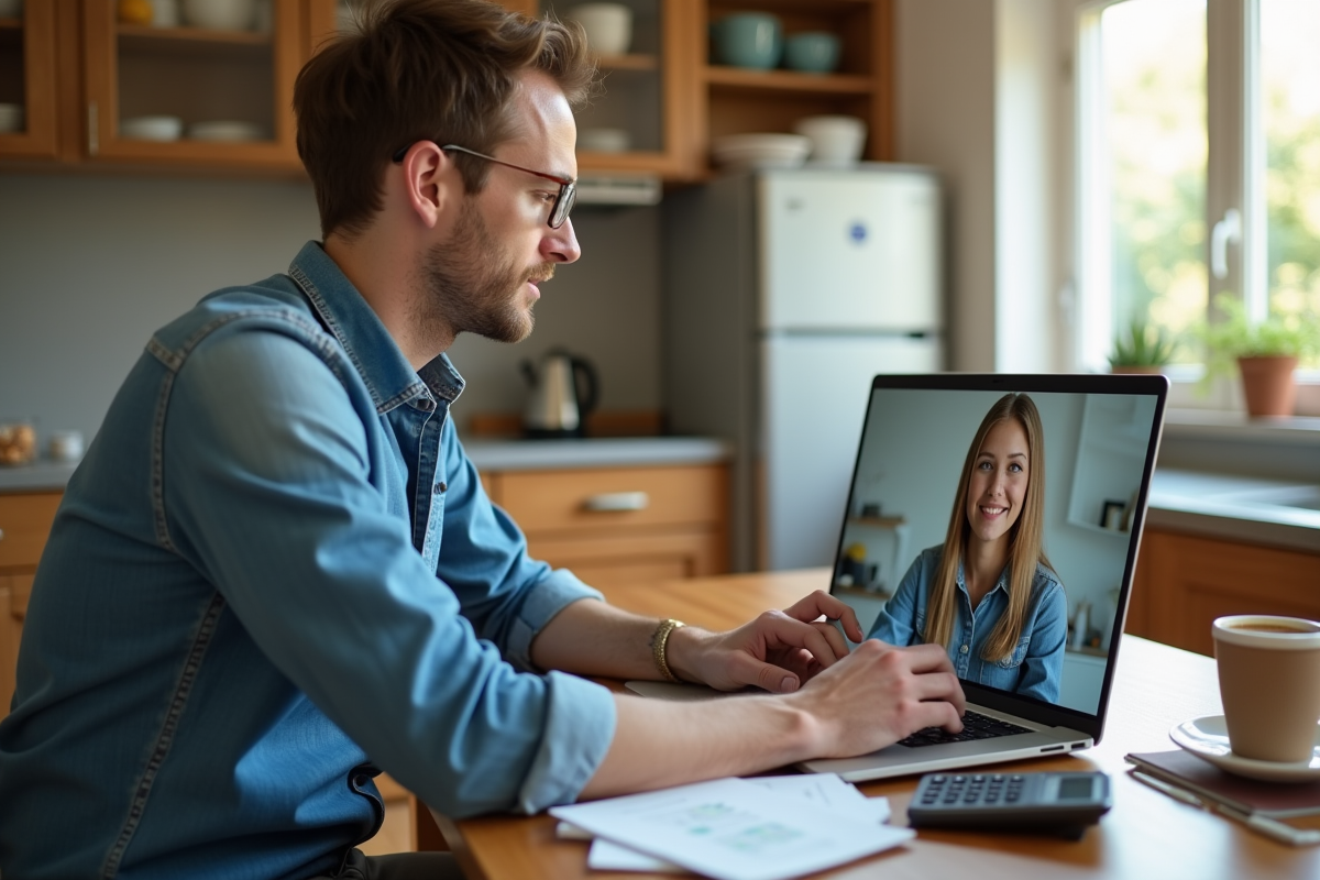 Homme en cuisine avec conseiller fiscal en visioconference