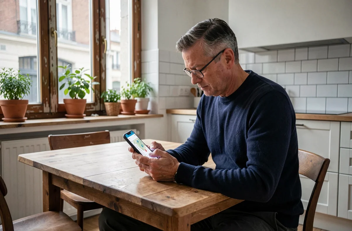 Homme consultant les données de ventes immobilières Patrim sur smartphone assis dans une cuisine d'appartement moderne