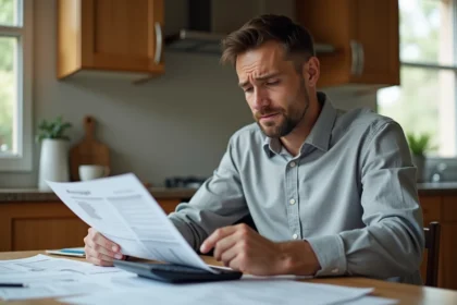 Homme consultant des documents de prêt immobilier PTZ avec calculatrice sur une table de cuisine, expression préoccupée