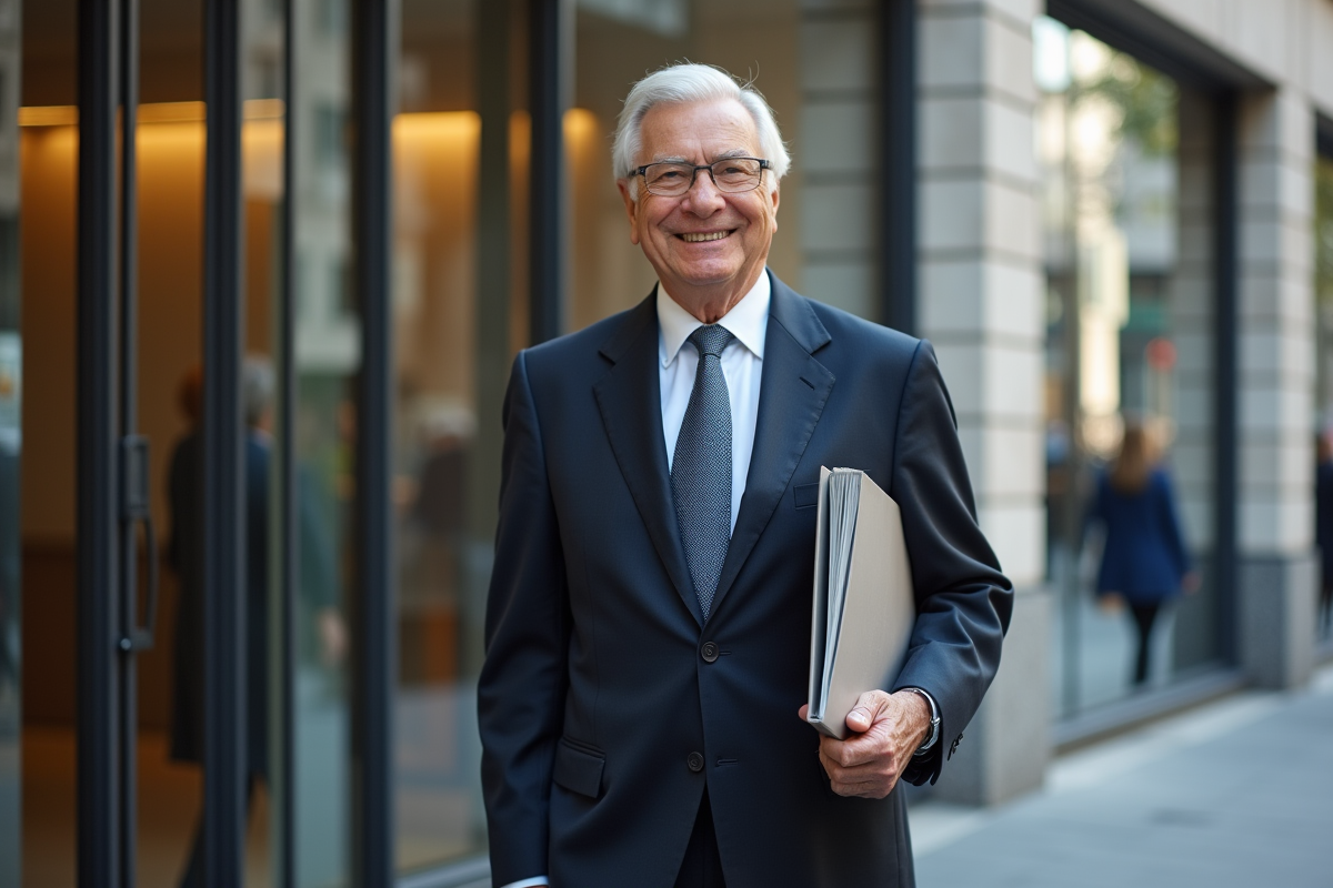 Homme âgé souriant quittant une banque belge