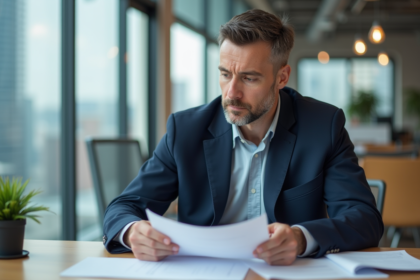 Homme d'affaires en bureau examinant des documents d'assurance