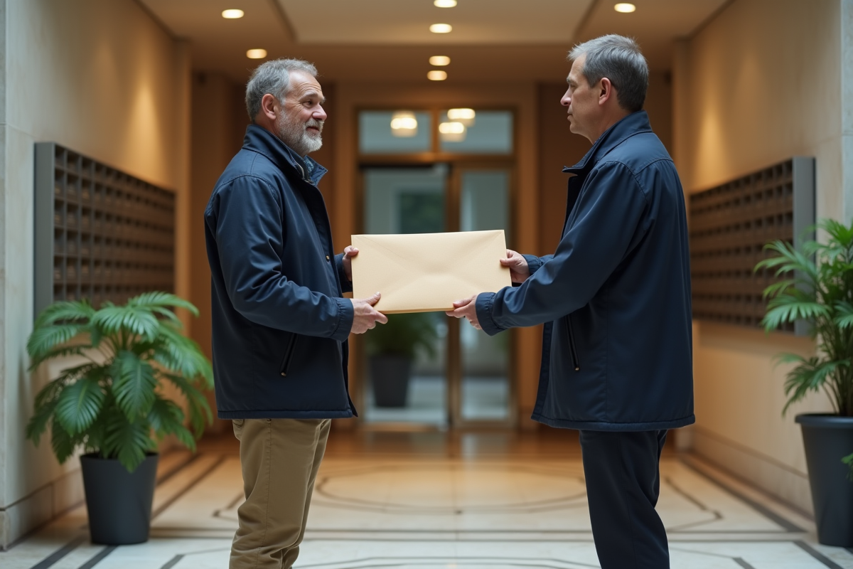 Homme tenant une enveloppe dans le hall d