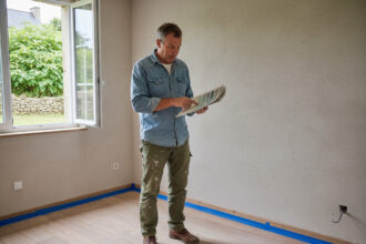 Homme d'âge moyen examine un nuancier dans une cuisine moderne