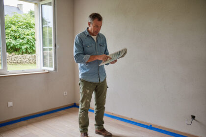 Homme d'âge moyen examine un nuancier dans une cuisine moderne