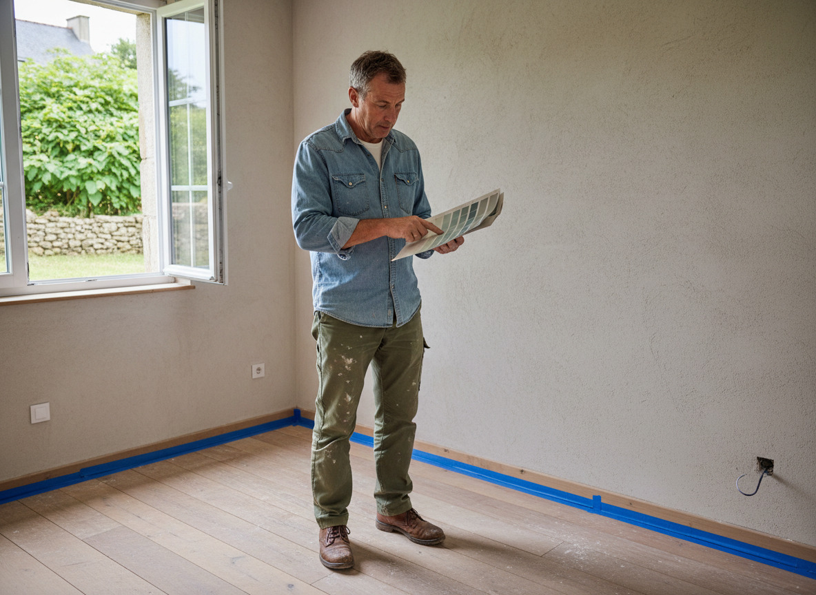 Homme d'âge moyen examine un nuancier dans une cuisine moderne