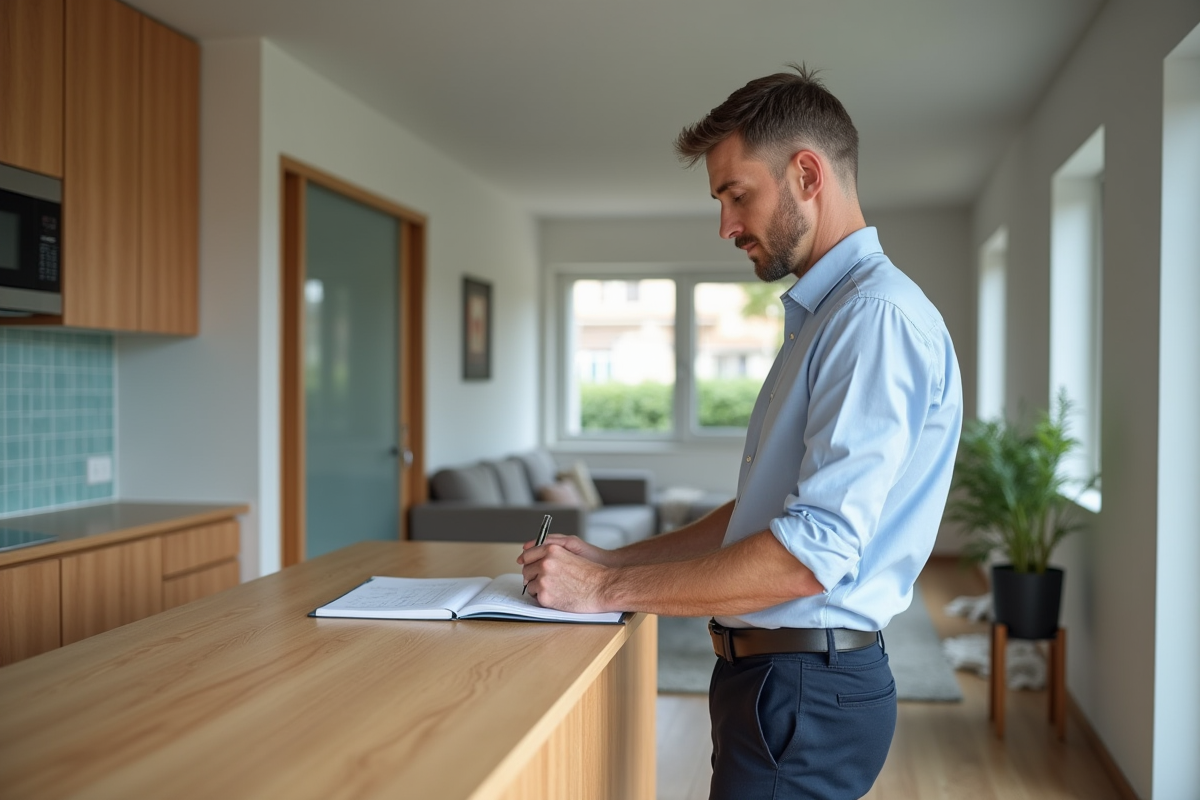 Homme en cuisine remplissant un carnet de dépenses