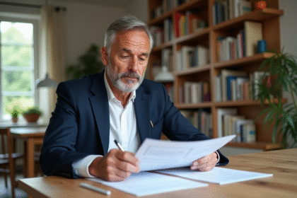 Homme français en blazer bleu examine documents immobiliers