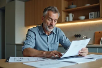 Homme d'âge moyen étudie des documents architecturaux dans une cuisine