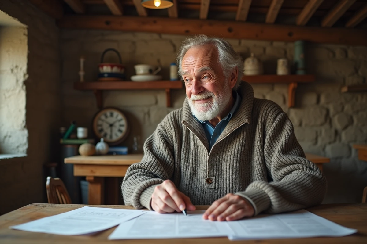 Homme breton age lisant des documents dans une maison de pecheur