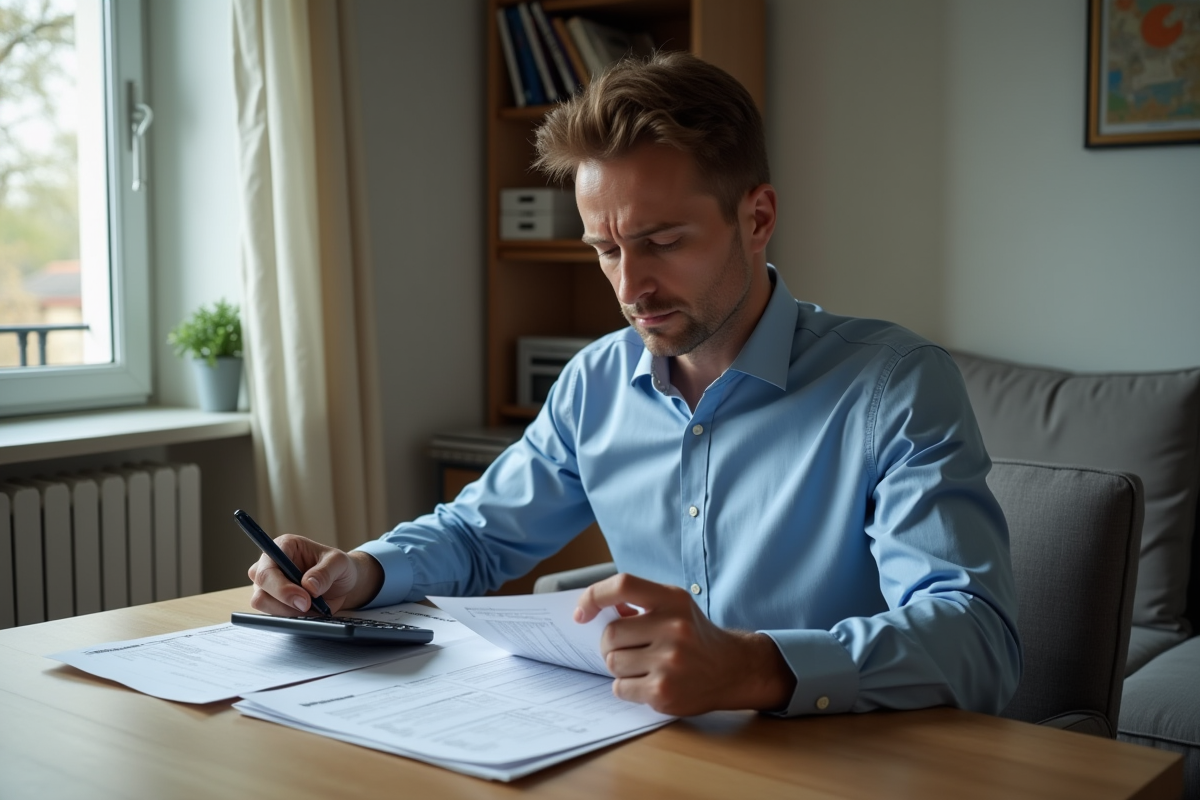 Homme d'âge moyen étudiant des documents d'impôts dans un appartement