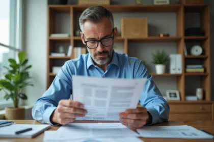 Homme d'âge moyen lisant des documents immobiliers dans un bureau lumineux