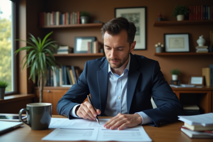 Homme d'une quarantaine d'années lisant des documents immobiliers