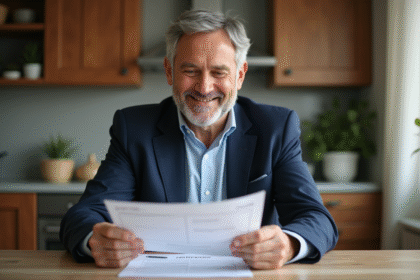 Homme souriant lisant un document Loi Pinel dans une cuisine moderne