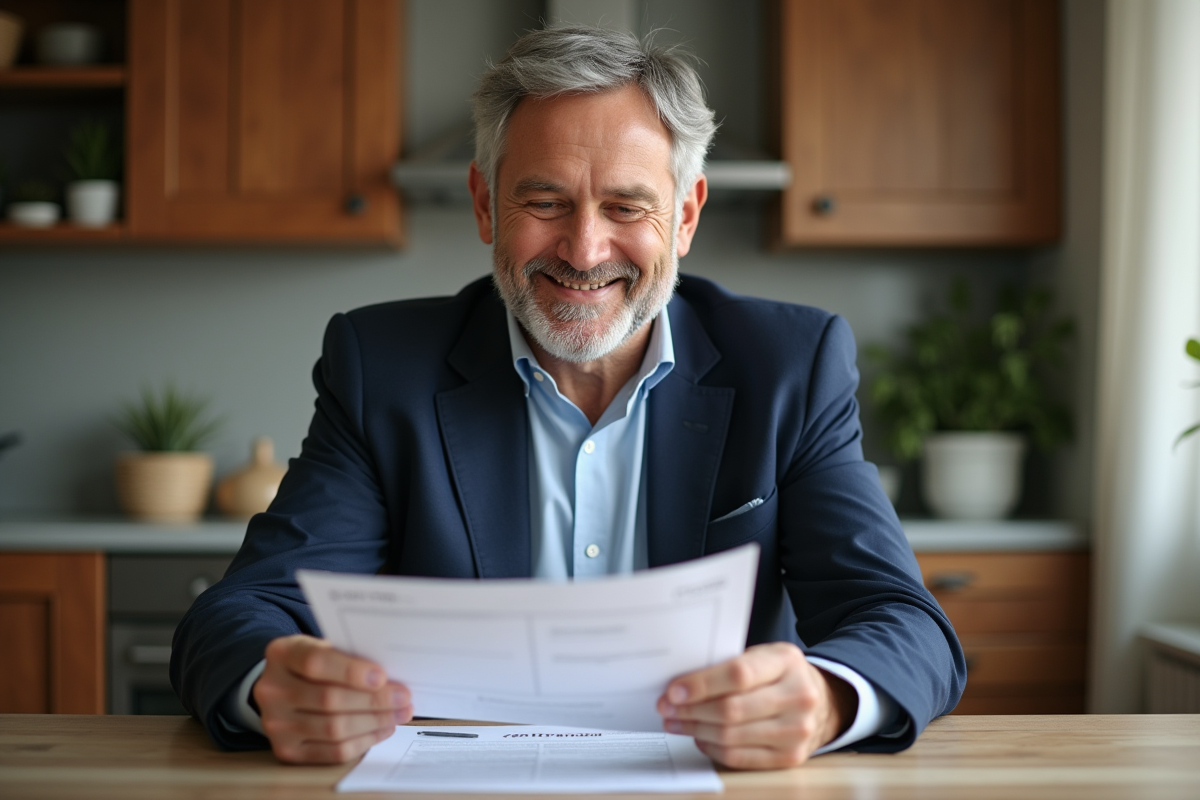 Homme souriant lisant un document Loi Pinel dans une cuisine moderne