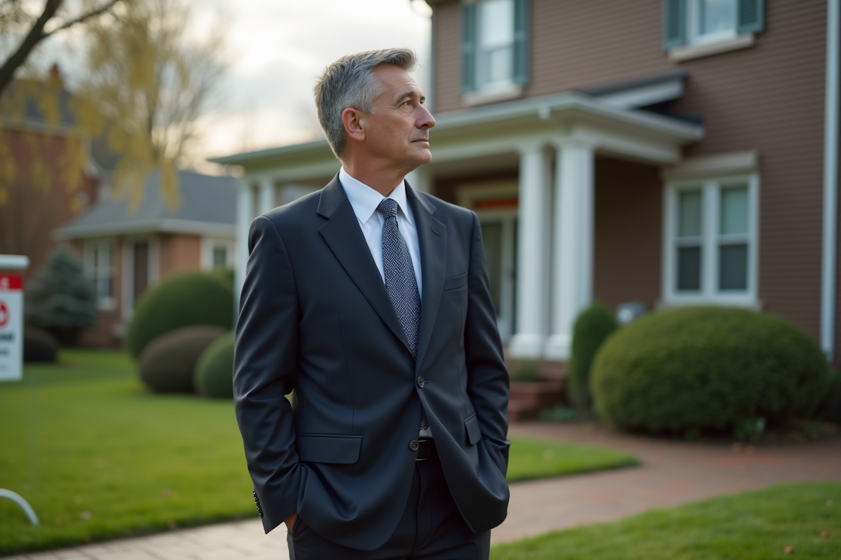 Homme en costume regardant une maison en vente dans le quartier