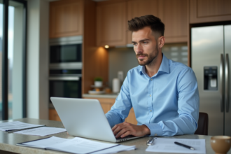 Homme en costume bleu travaillant sur un ordinateur dans un appartement moderne