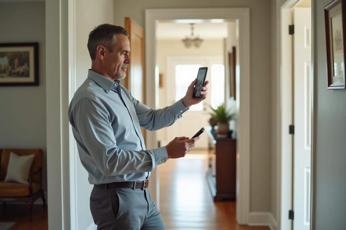 Homme en costume prenant une photo panoramique de son couloir