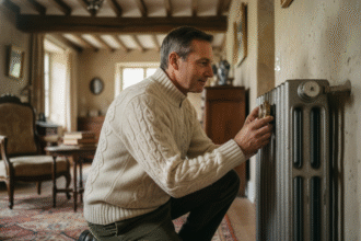 Homme d'âge moyen près d'un radiateur ancien dans une maison de campagne