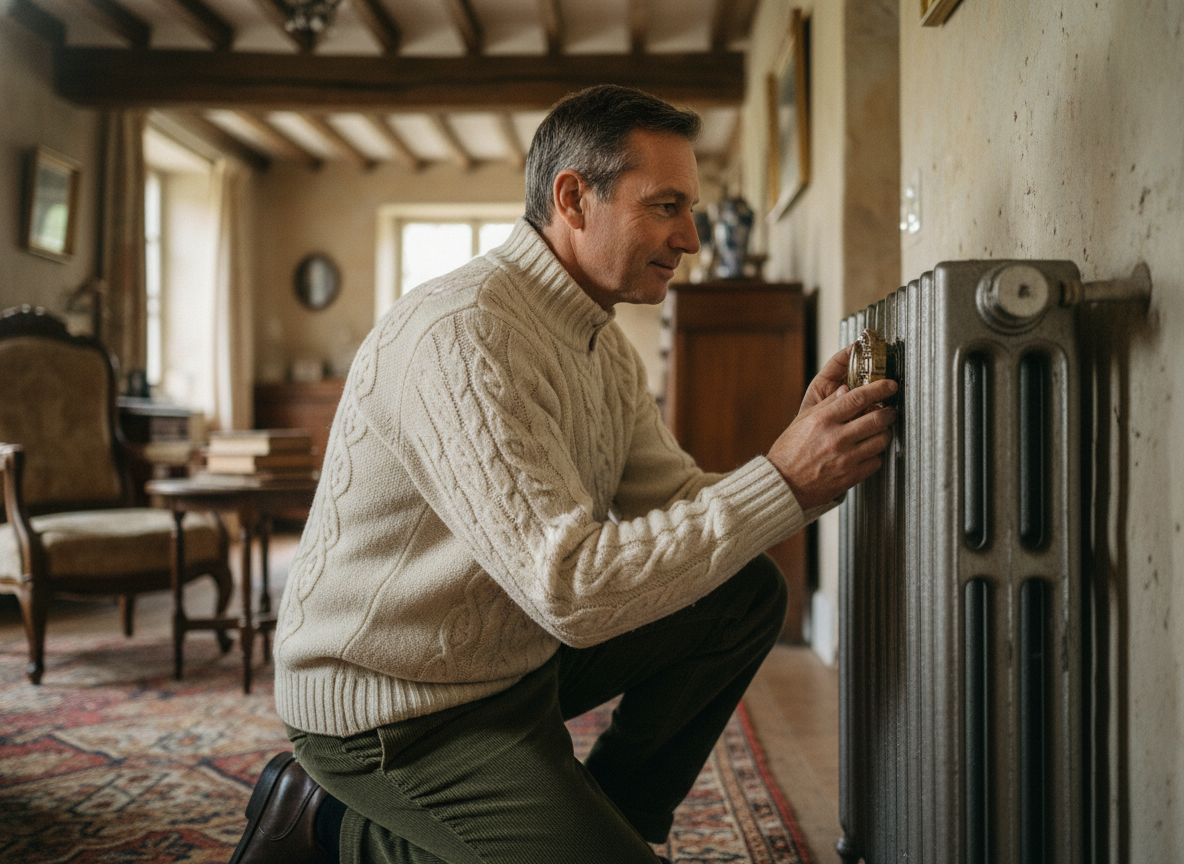 Homme d'âge moyen près d'un radiateur ancien dans une maison de campagne