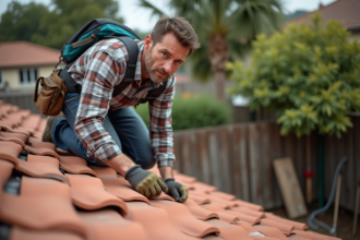 Homme en jeans et chemise à carreaux sur le toit examinant des tuiles en terre cuite