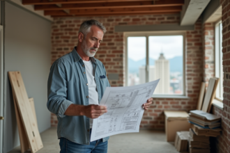 Homme d'âge moyen examinant des plans de rénovation dans un appartement