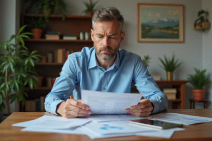 Homme d'âge moyen vérifiant des reçus de location dans son appartement