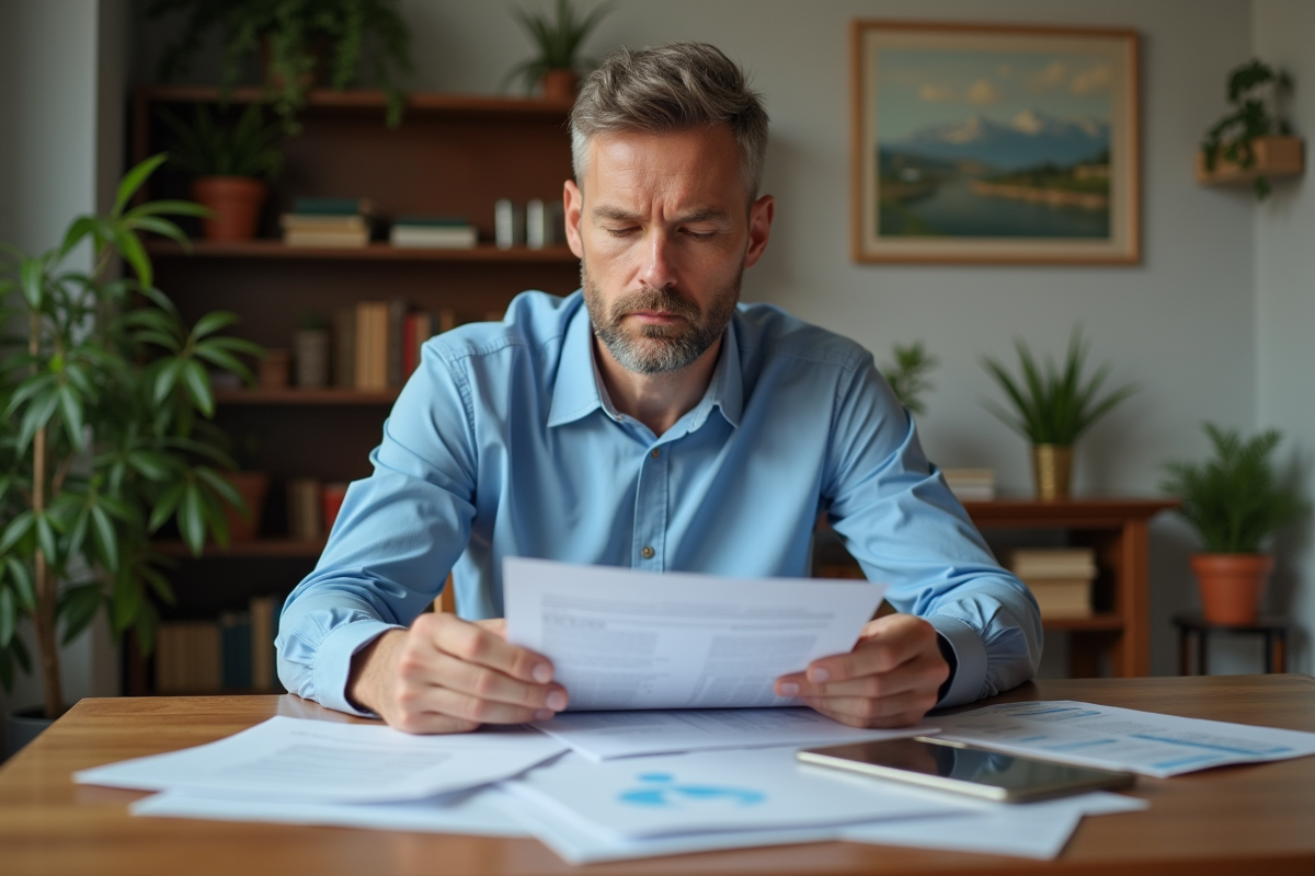 Homme d'âge moyen vérifiant des reçus de location dans son appartement