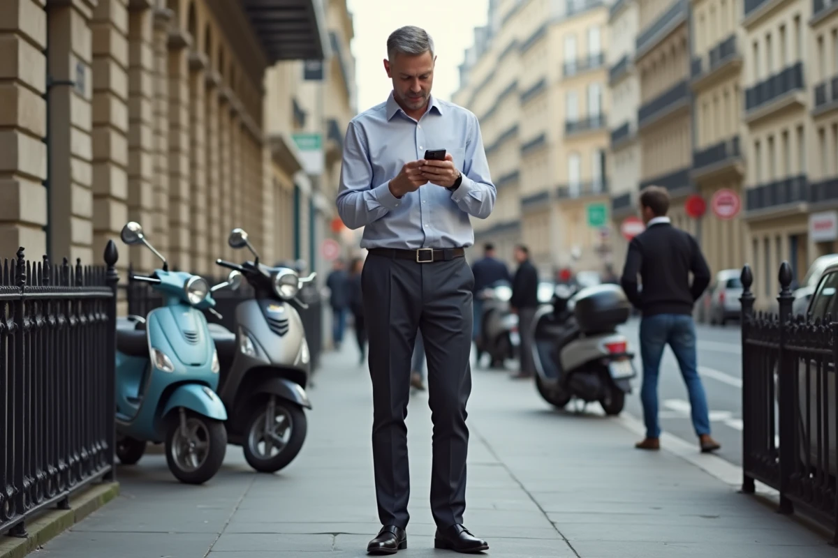 Homme dans une rue parisienne utilisant son smartphone