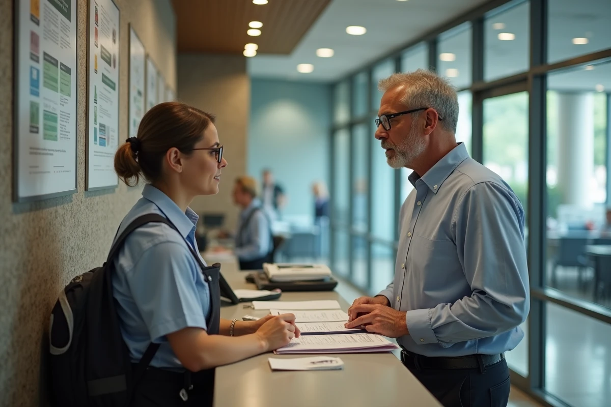 Homme parlant avec un agent municipal au guichet de la mairie