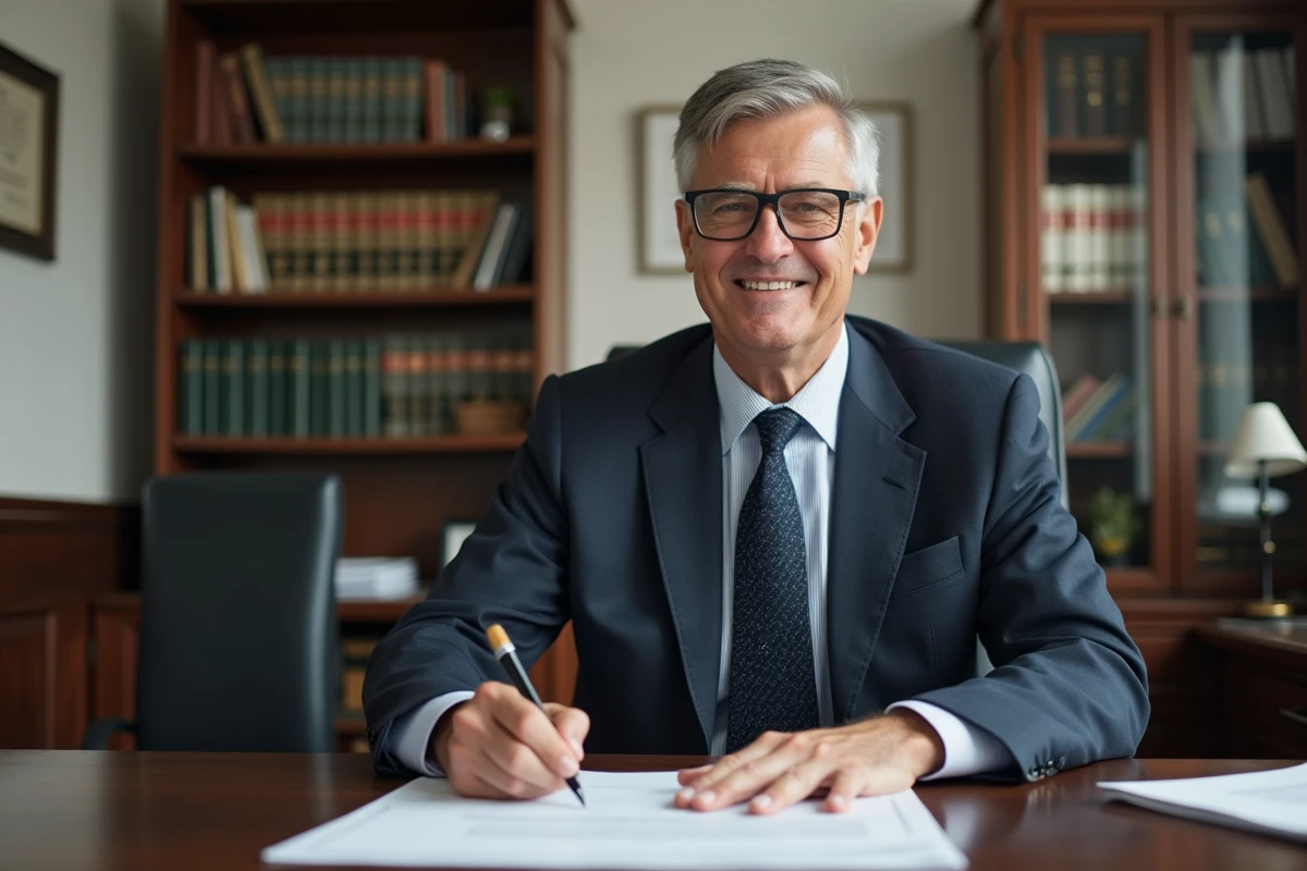 Homme en costume signe un contrat de location dans un bureau