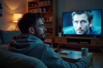 Homme regardant un film en streaming sur sa télévision dans un salon moderne, illustrant l'utilisation d'un site de streaming comme Bim vup