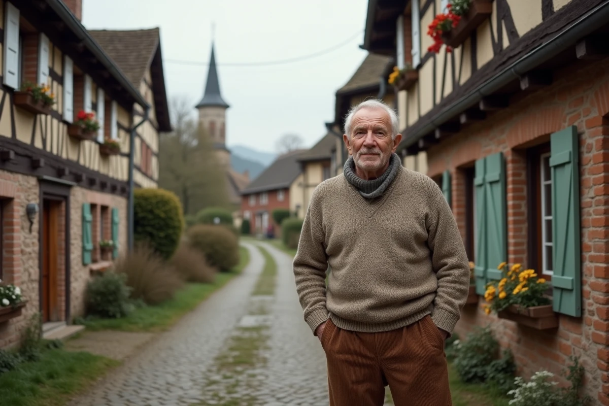 Homme âgé dans un village alsacien tranquille