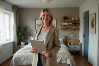 Hôtesse souriante dans un appartement moderne et accueillant