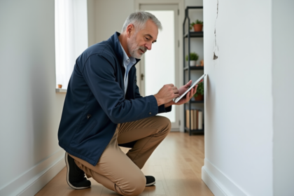 Inspecteur bâtiment homme vérifiant une fissure intérieure