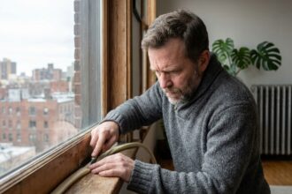 Homme moyen age posant des bandes d isolation autour d une fenetre