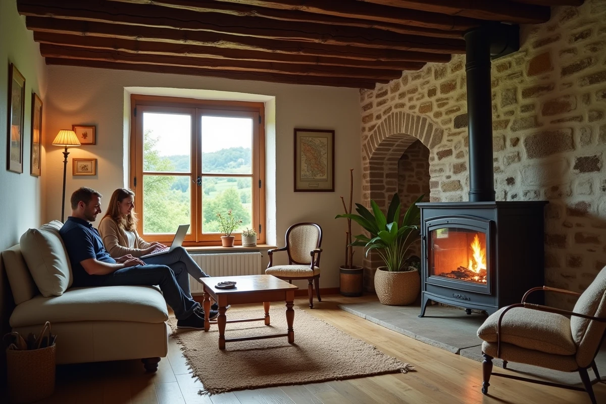 Intérieur chaleureux d'une petite maison de location en Auvergne avec poutres apparentes et vue sur le jardin