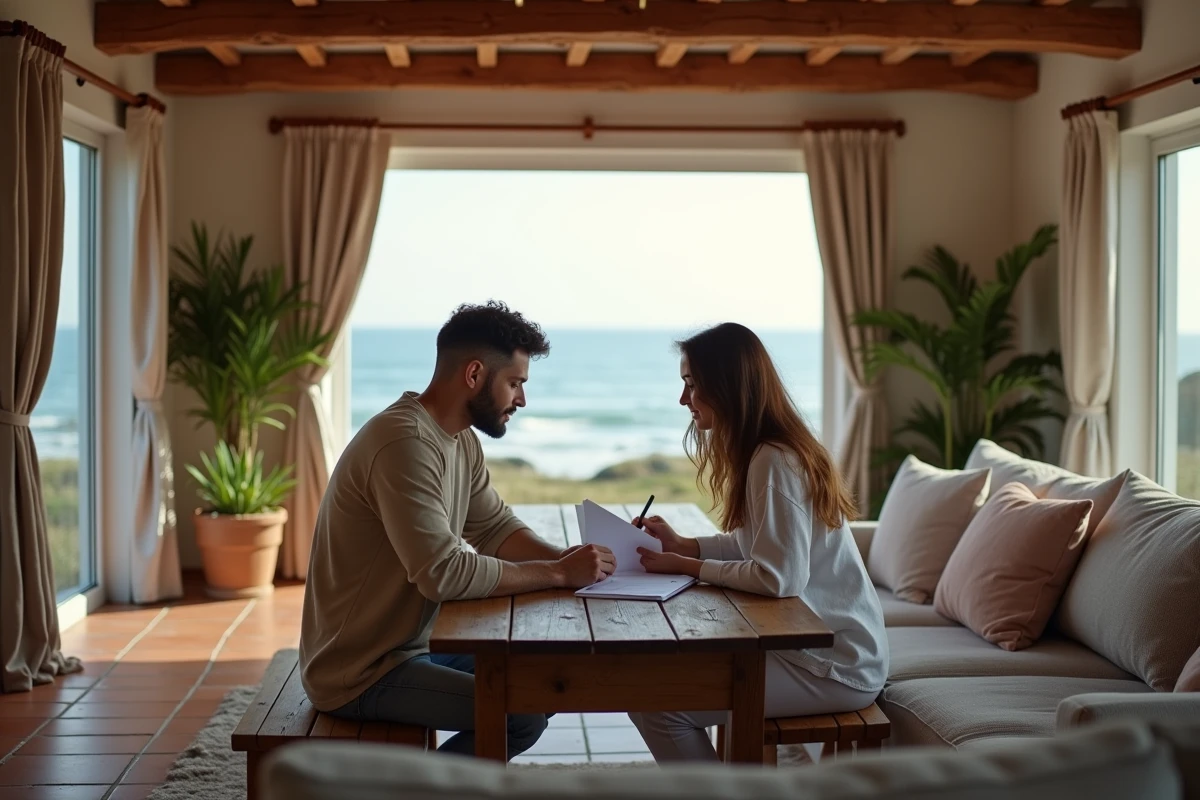 Couple examinant des documents de location dans le salon d'une maison normande en bord de mer