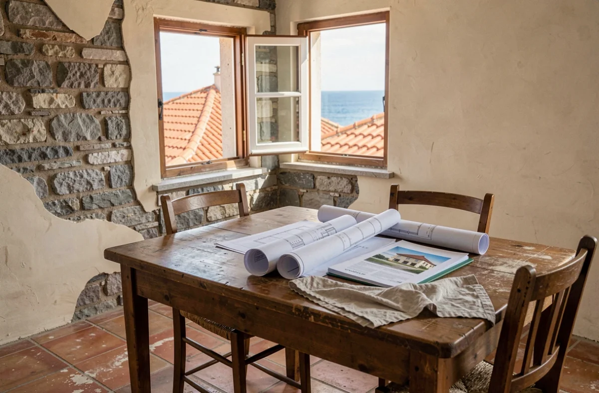 Intérieur d'une maison de pêcheur portugaise en rénovation avec plans immobiliers sur une table en bois et vue sur l'océan