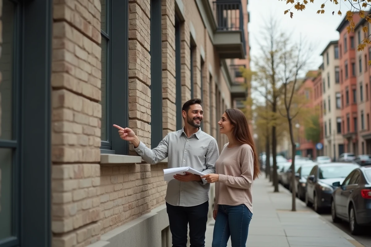 Couple d'investisseurs immobiliers discutant du potentiel de revente d'un appartement devant un immeuble urbain