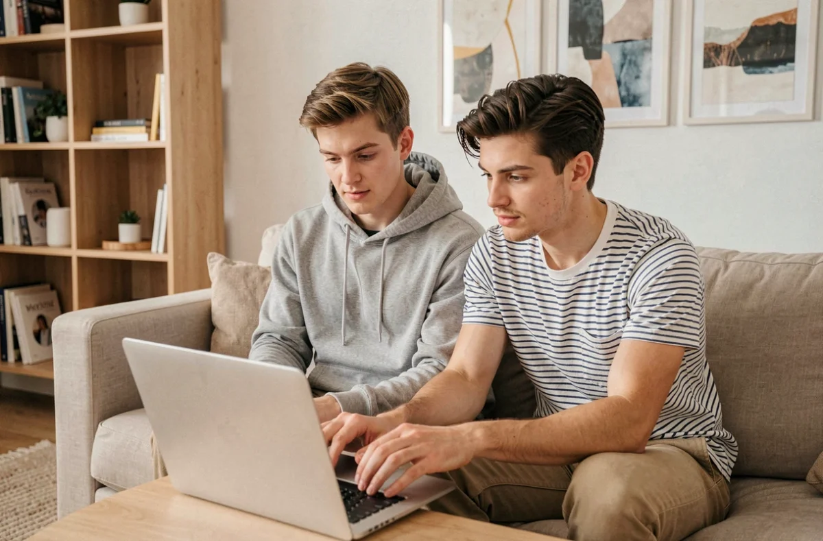 Jeune couple colocataire comparant les offres d'assurance habitation sur un ordinateur portable