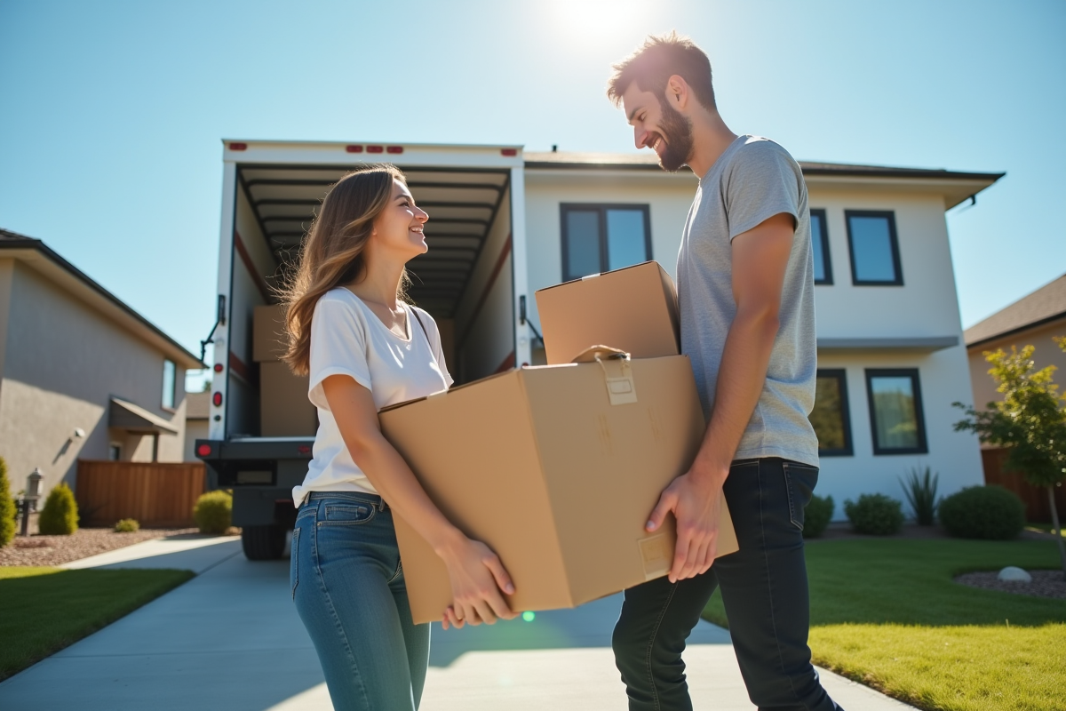 Jeune couple sortant des cartons devant leur maison moderne
