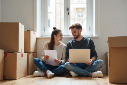 Jeune couple français en déménagement dans un appartement