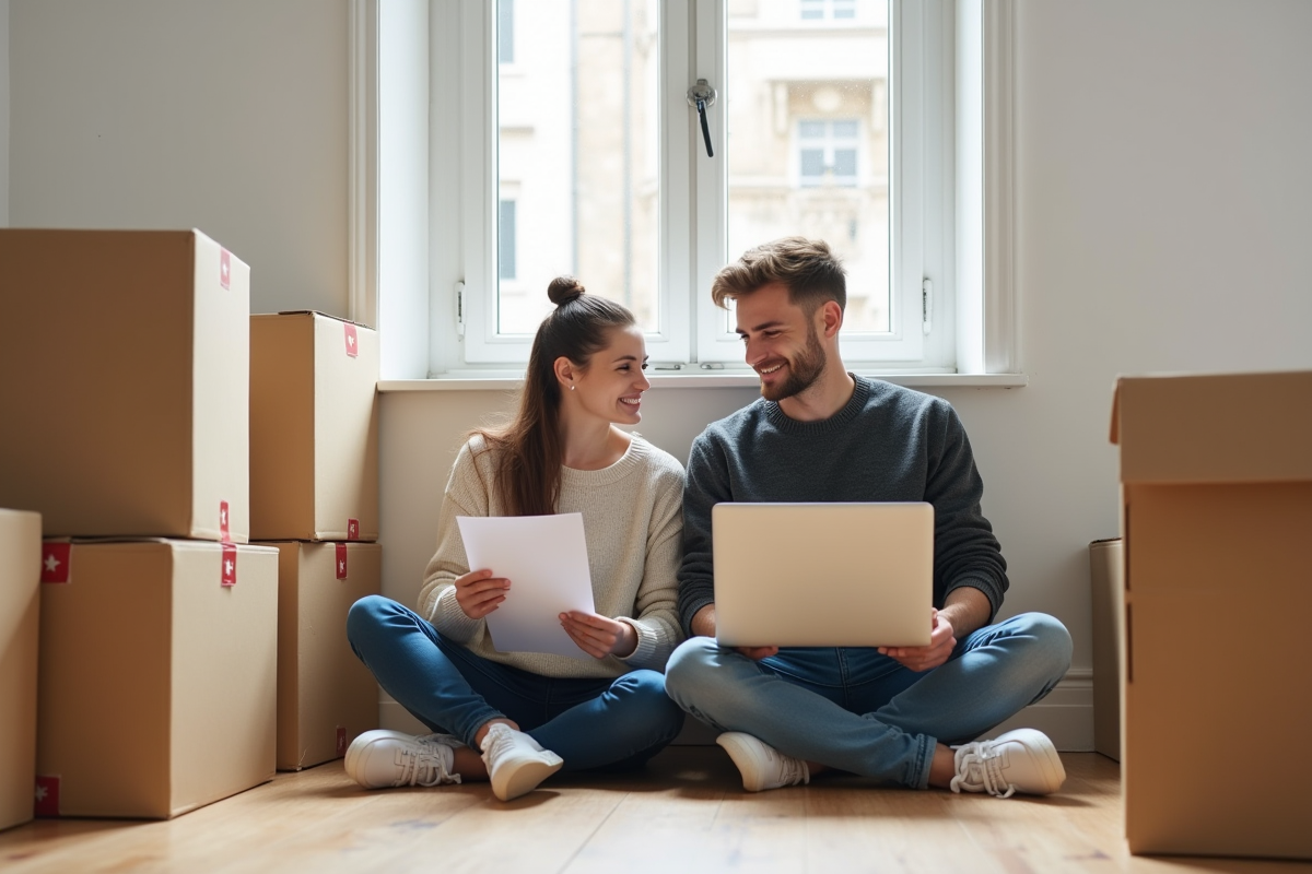 Jeune couple français en déménagement dans un appartement