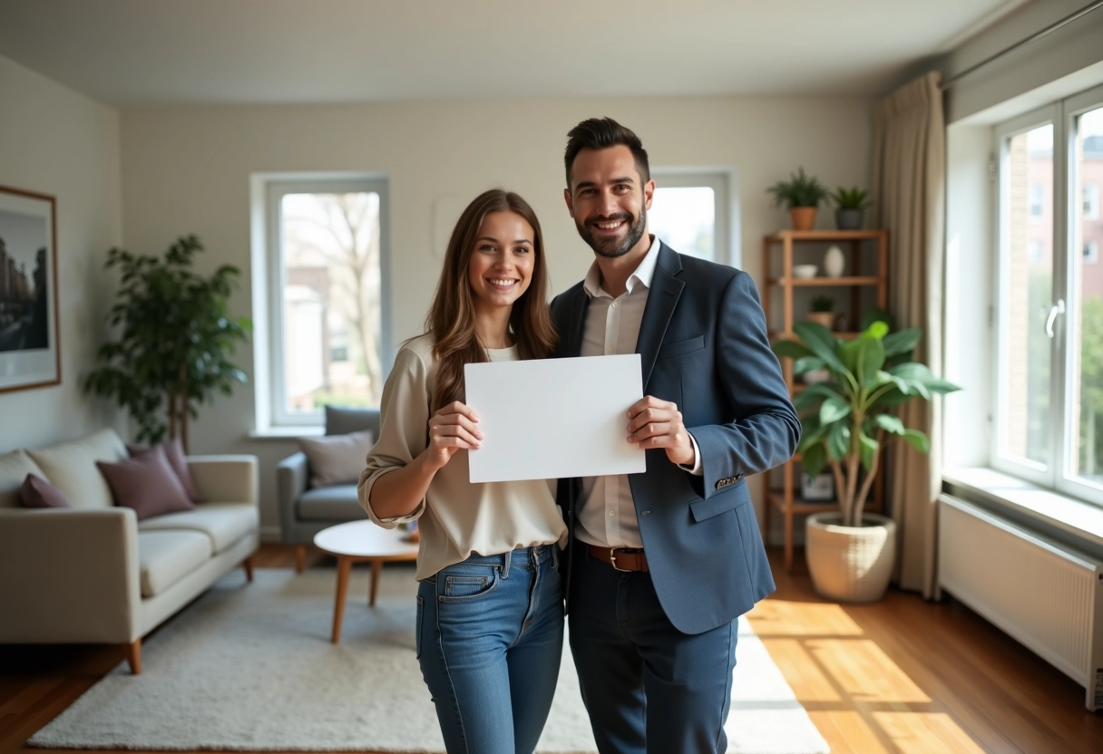 Jeune couple heureux avec panneau a louer dans appartement