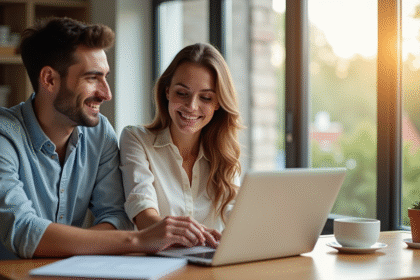 Jeune couple souriant utilisant un ordinateur pour un prêt immobilier