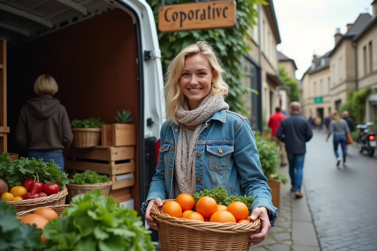 Jeune femme chargant des paniers de produits frais
